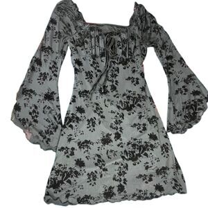 SHEIN MOD Black Romantic Floral Mesh Long Sleeve Dress Square Neck Boho Size S